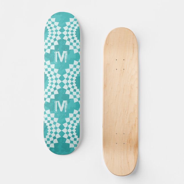 Skateboard Monogramme blanc bleu Abstrait moderne (Recto)