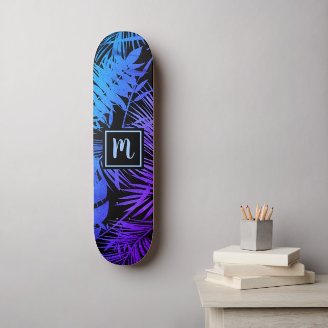 Skateboard Monogramme bleu violet ombre feuille cool moderne  (Art mural)