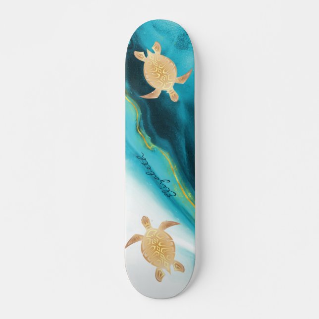 Skateboard Monogramme d'aquarelle bleu tribal de la Tortue d' (Devant)