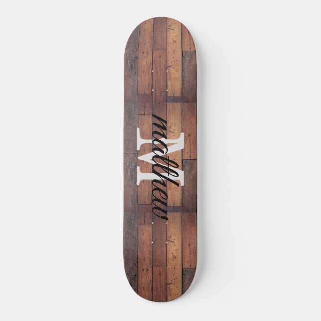 Skateboard Monogramme de chêne en bois rustique Nom personnal (Recto)