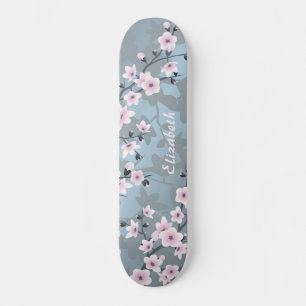 Skateboard Monogramme de fleurs de cerisier rose gris