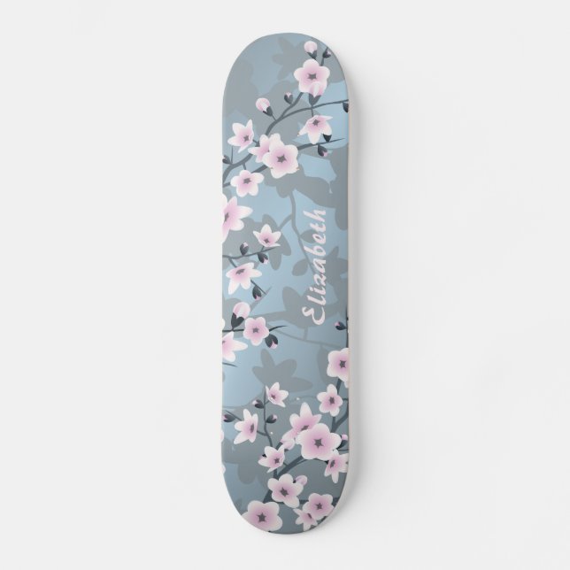 Skateboard Monogramme de fleurs de cerisier rose gris (Recto)