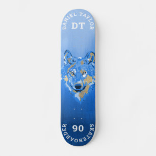 Skateboard Monogramme de peinture à l'aquarelle bleu or