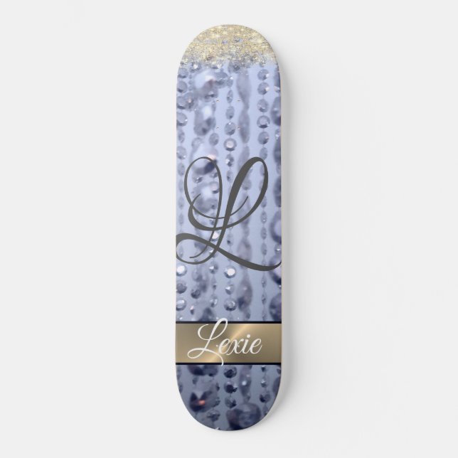 Skateboard Monogramme de perles bleues éblouissantes (Recto)