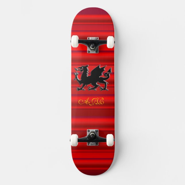Skateboard Monogramme, Dragon noir sur effet métallique rouge (Recto)