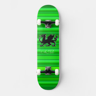 Skateboard Monogramme, Dragon noir sur effet métallique vert