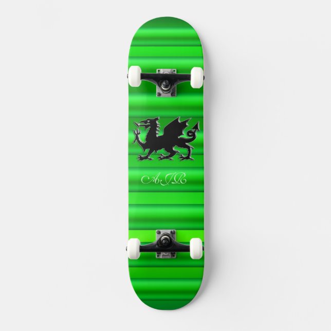 Skateboard Monogramme, Dragon noir sur effet métallique vert (Recto)