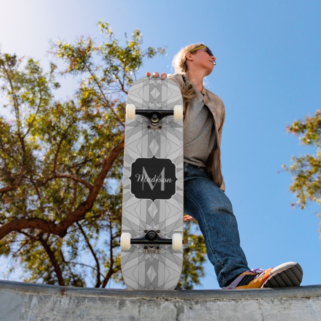 Skateboard Monogramme gris noir blanc Motif Triangle Mosaïque (Extérieur 1)