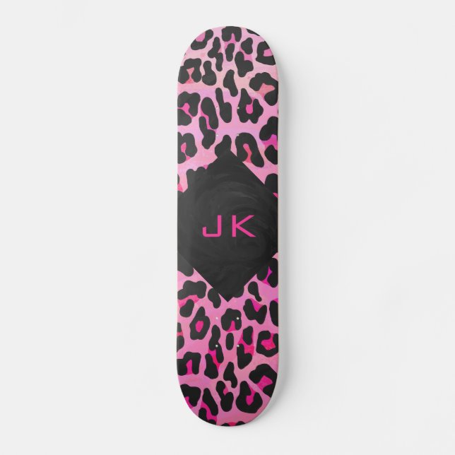 Skateboard Monogramme Leopard noir et rose chaud (Recto)
