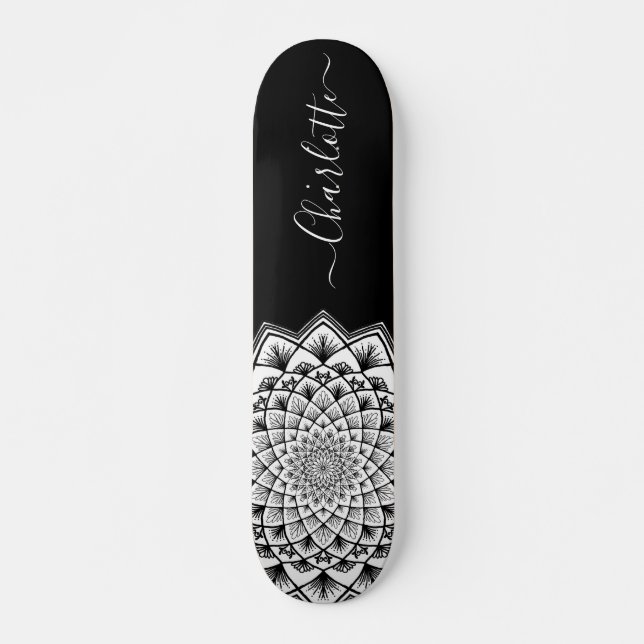 Skateboard Monogramme Motif Mandala noir blanc (Devant)