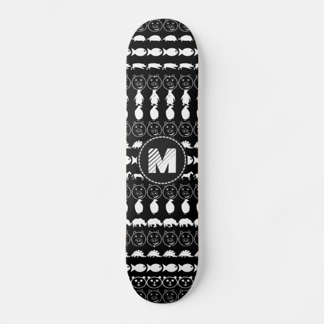 Skateboard Monogramme noir blanc mignonne animaux Motif (Recto)