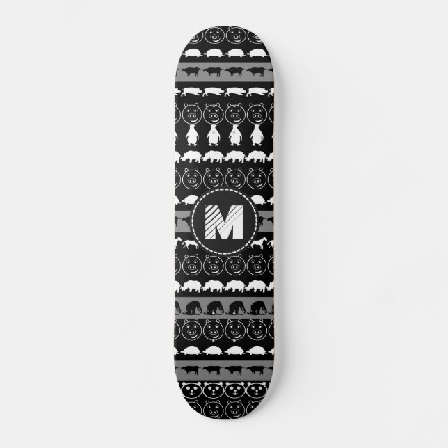 Skateboard Monogramme noir blanc mignonne Animaux Motif #2 (Recto)