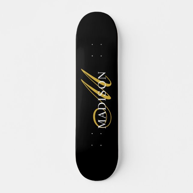 Skateboard Monogramme noir moderne Gold Nom du script (Devant)