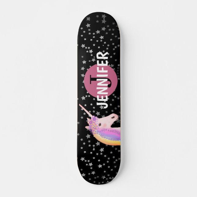 Skateboard Monogramme noir rose arc-en-ciel personnalisé (Devant)