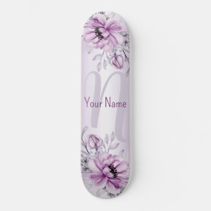 Skateboard Monogramme Nom Rose Floral Violet Violet Moderne