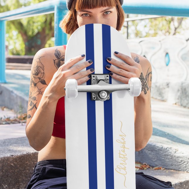 Skateboard Monogramme Or Classic Bleu Blancs (Gold Monogram Classic Blue White Racing Stripes Skateboard)