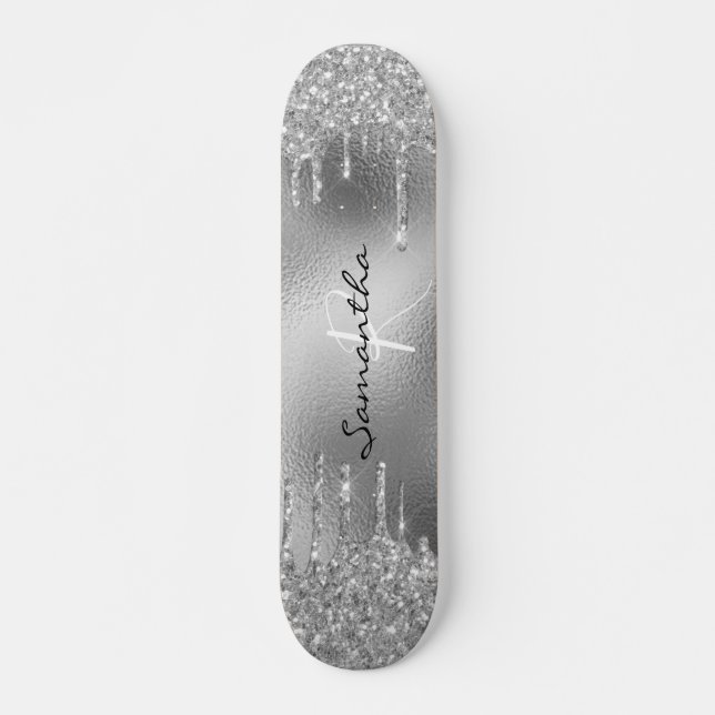 Skateboard Monogramme Parties scintillant à huile d'argent (Devant)