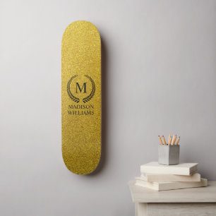 Skateboard Monogramme personnalisé noir et or pailleté or dor