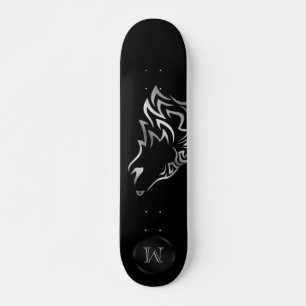 Skateboard Monogramme tribal de Wolf argenté noir