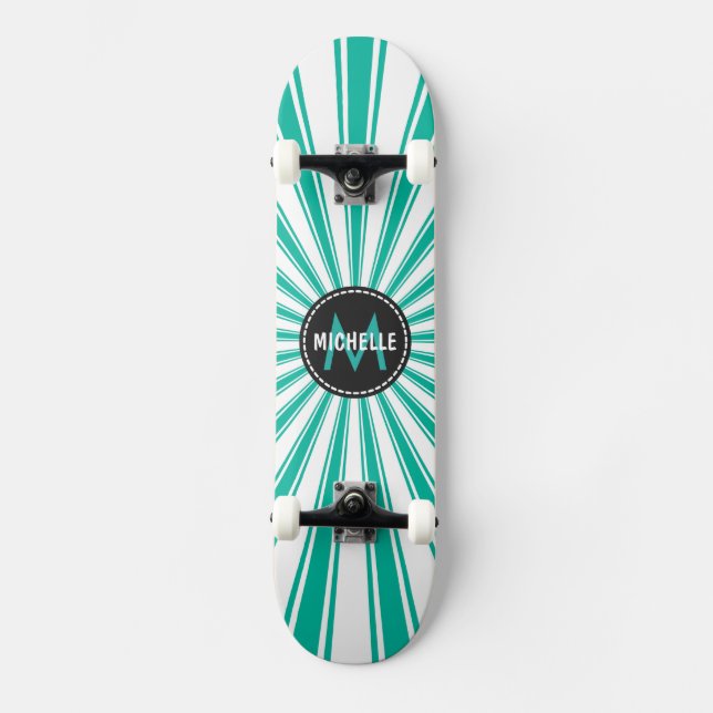 Skateboard Monogramme Turquoise Funky Sun Rays Motif (Recto)