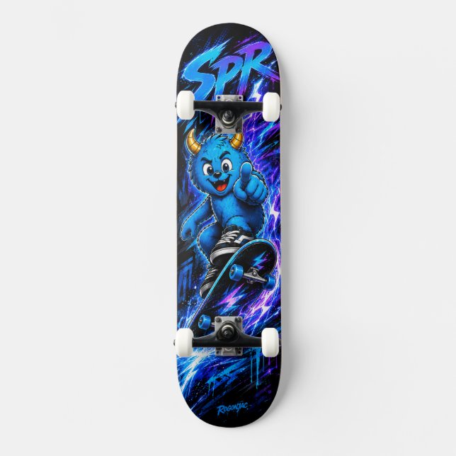 Skateboard Monstre de skate de rue bleu électrique éclair Art (Recto)