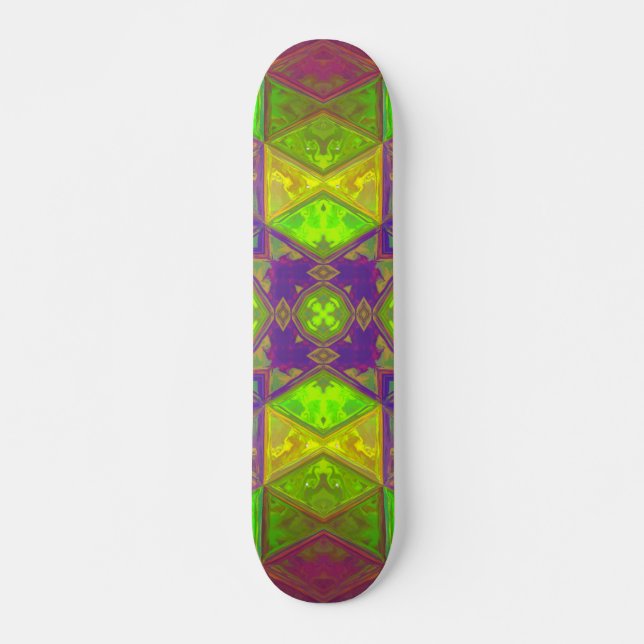 Skateboard Mosaic Carré kaléidoscope vert pourpre et jaune (Devant)