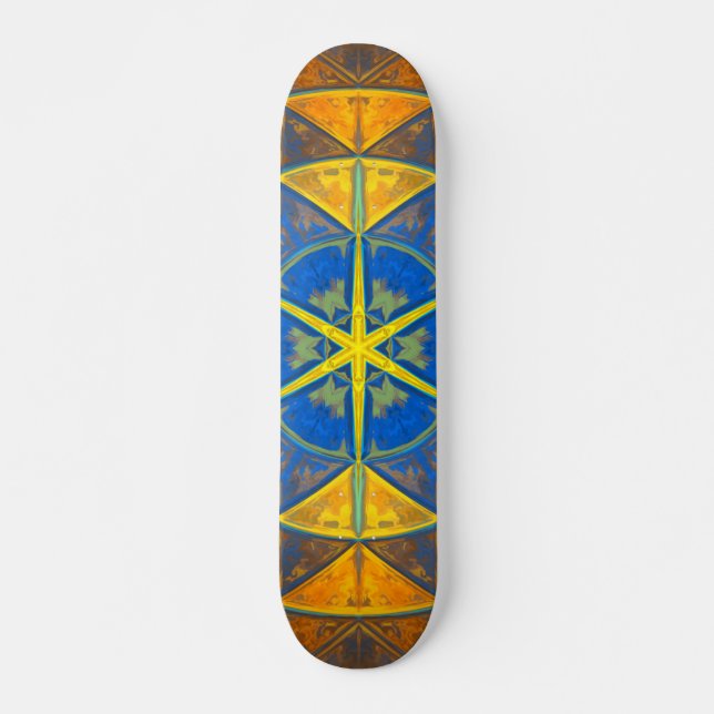 Skateboard Mosaic Kaleidoscope Fleur Bleu et Jaune (Devant)