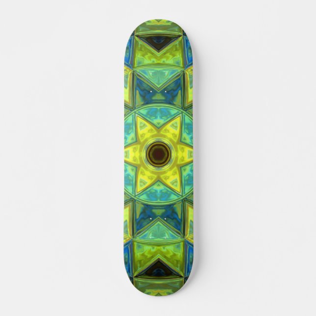 Skateboard Mosaic Kaleidoscope Fleur Jaune et Bleu (Devant)