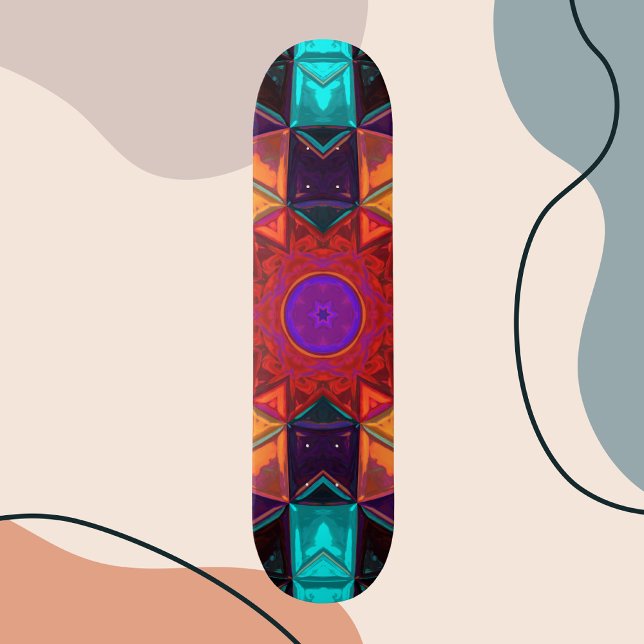 Skateboard Mosaic Kaleidoscope Fleur Rouge Orange et Bleu (Créateur téléchargé)