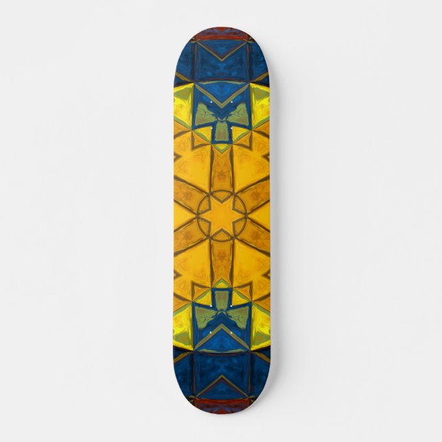 Skateboard Mosaic Mandala Fleur Jaune Bleu et Rouge (Devant)