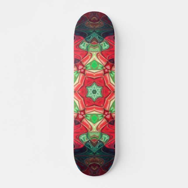 Skateboard Mosaic Mandala Fleur rouge Turquoise et bleu (Devant)