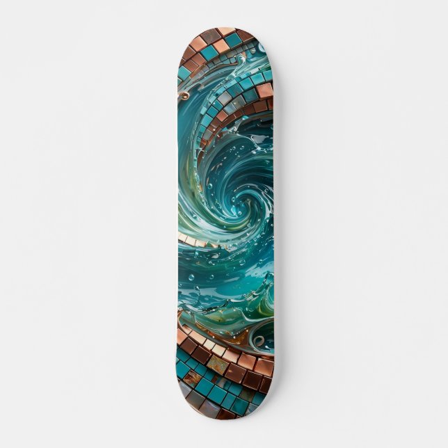 Skateboard Mosaïque de vague turquoise sarcelle (Devant)