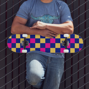 Skateboard Motif à carreaux bleu jaune rose