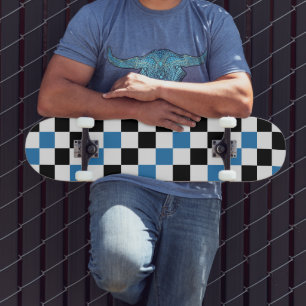 Skateboard Motif à carreaux bleu noir et blanc