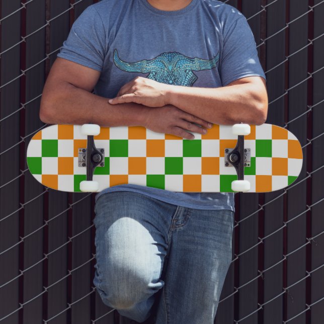 Skateboard Motif à carreaux orange blanc et vert  (Extérieur 3)