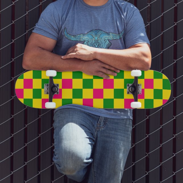 Skateboard Motif à carreaux rose jaune vert  (Extérieur 3)