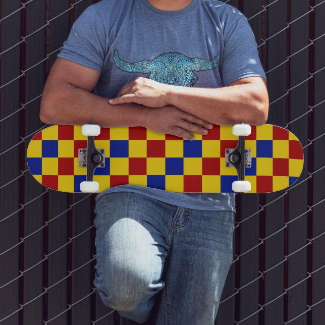 Skateboard Motif à carreaux rouge jaune bleu  (Extérieur 3)