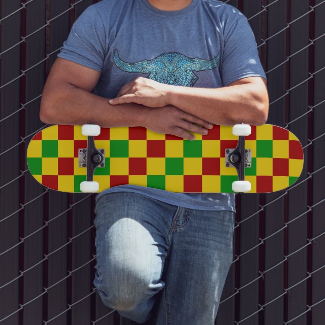 Skateboard Motif à carreaux rouge jaune vert  (Extérieur 3)