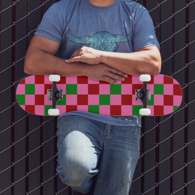 Skateboard Motif à carreaux rouge rose vert  (Extérieur 3)