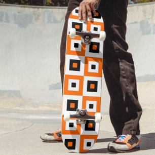 Skateboard Motif à carrés à carreaux orange noir et blanc