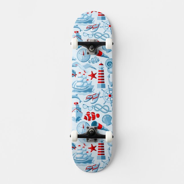 Skateboard Motif blanc et bleu rouge nautique (Recto)