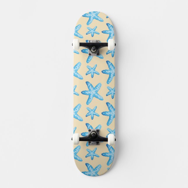 Skateboard Motif bleu d'étoiles de mer d'aquarelle (Recto)