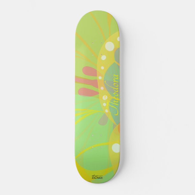 Skateboard Motif bleu jaune chic à papillon or (Recto)