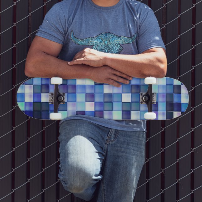 Skateboard Motif carré bleu de pixels de jeu vidéo (Extérieur 3)