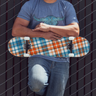 Skateboard Motif carreaux tartan bleu orange blanc