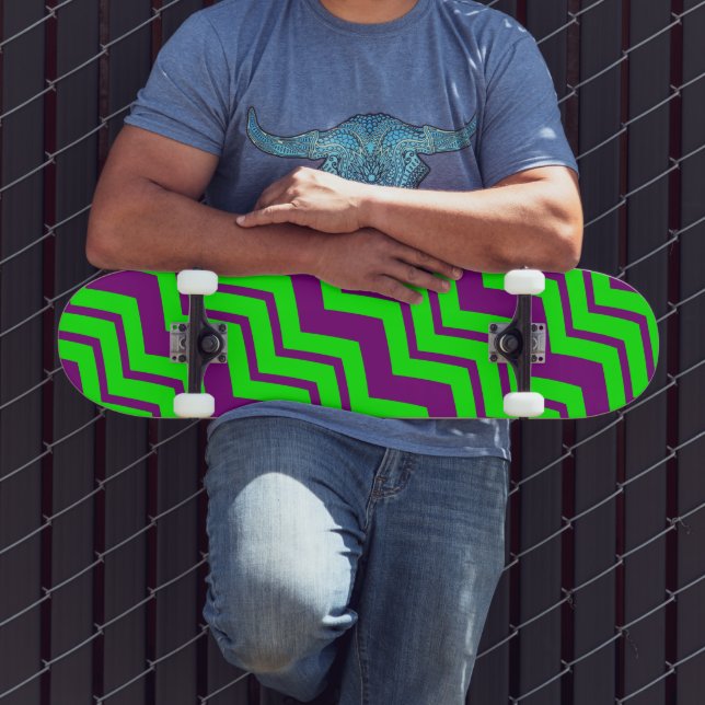 Skateboard Motif chevron zigzag vert violet  (Extérieur 3)