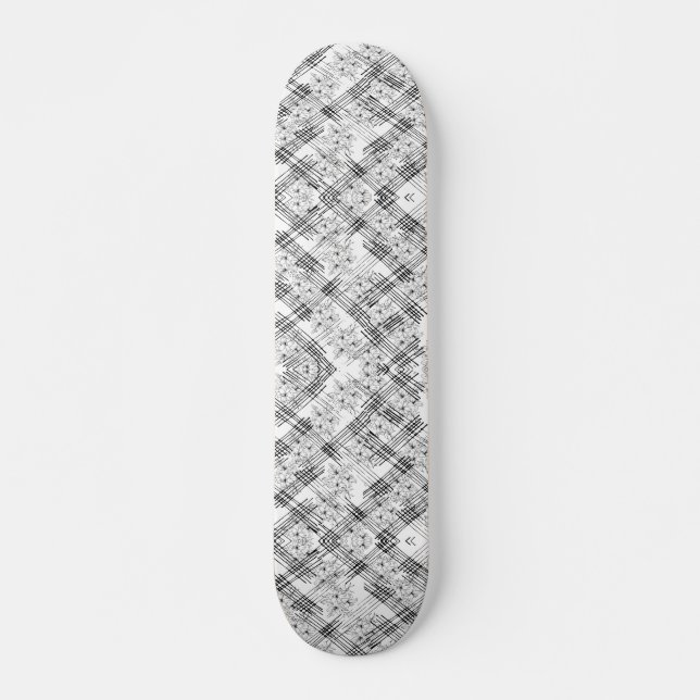 Skateboard Motif chic noir et blanc rayures et fleurs (Devant)