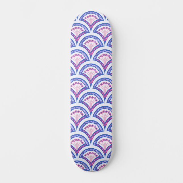 Skateboard motif damassé floral bleu (Recto)