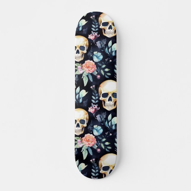Skateboard Motif d'aquarelle Goth Skull Flowers (Devant)