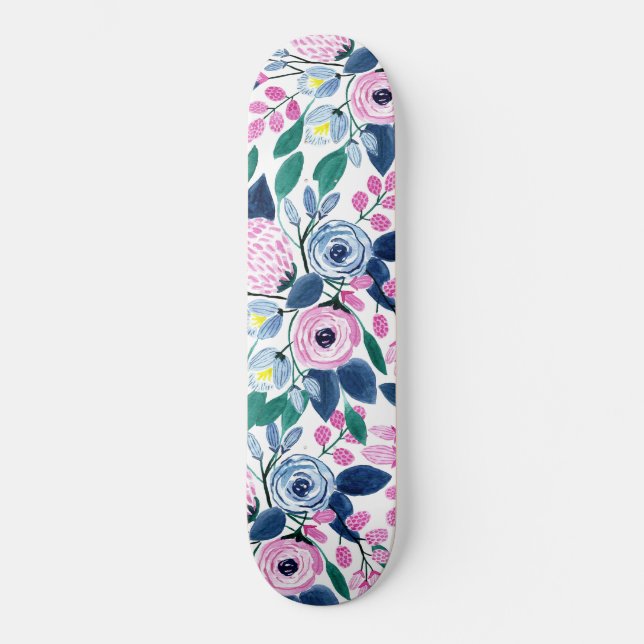 Skateboard Motif d'aquarelle Sweet Rose Navy Flowers (Recto)